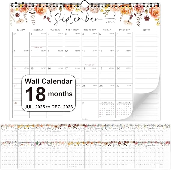 Floral Wall Calendar 2025-2026 (11x14") 18-Month Monthly Calendar from July 2025 to December 2026 Hanging Hook, Twin-Wire Binding, Thick Paper for Home Office or School Planning