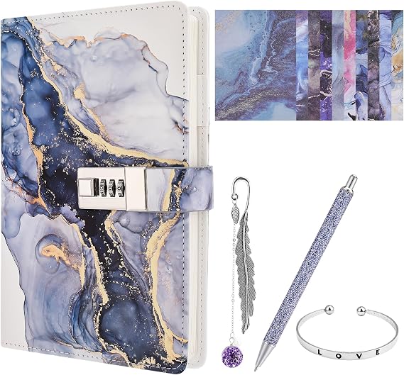 Deep Blue Secret Diary with Lock Bracelet Pen Bookmark Washi Paper
