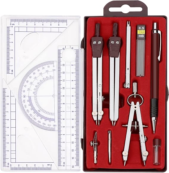 Compass Geometry Tools, 13 Pcs Compass and Protractor Set Math Geometry Drawing Tools Precision Set Graphic Compass Triangle Pencil Protractor with Storage Case Brown