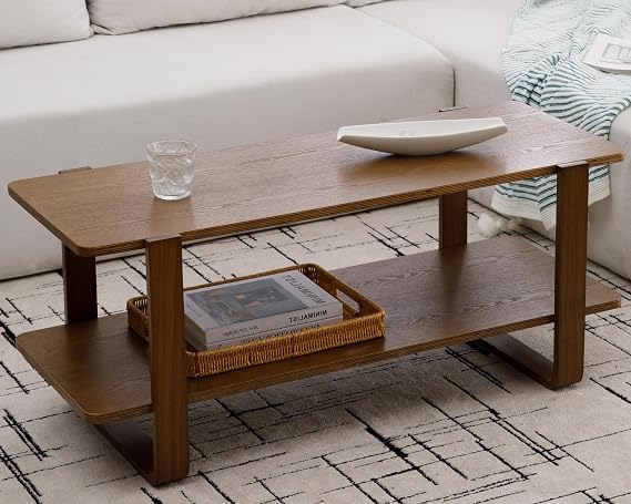 2-Tier Long Coffee Table, Modern Mid Century Rubber Wooden Sofa Side Coffee Table for Living Room, Walnut Wood Rectangular Center Table with Storage Shelf and Open Tabletop, 1PC