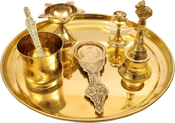 Traditional Handcrafted Brass Puja | Pooja Thali | Arathi | Aarti | Bartan Thambulam Plate Set for Several Occasions- Plain Plate Puja Set