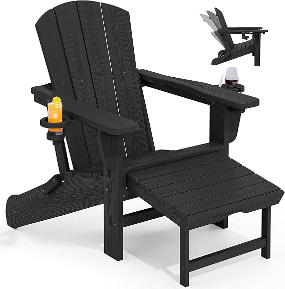 Folding Adjustable Adirondack Chair with Retractable Ottoman, HDPE Recliner Adirondack Chair with Cup Holder, Black