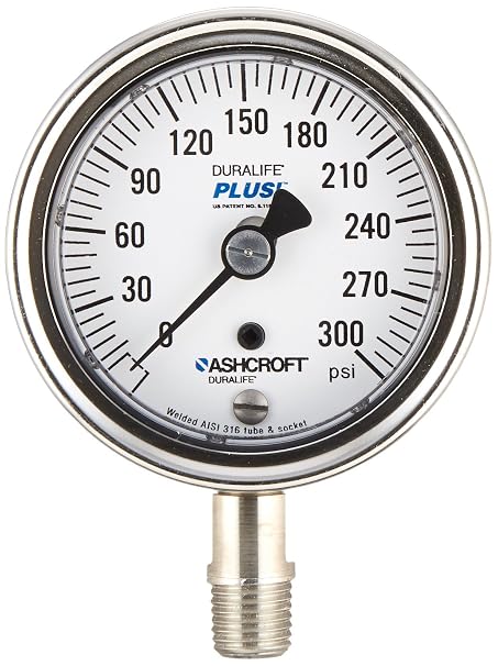 Ashcroft Duralife Type 1009SW Stainless Steel Pressure Gauge, 1/4" NPT Lower Connection with Plus Performance, 2.5" Dial Size, 0/300 psi Range
