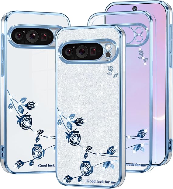 携帯電話ケース Google Pixel 9 Pro XL用 クリア グリッター フローラル、かわいい スリム Google Pixel 9 Pro XLケース シリコン 耐衝撃 保護 女性 ガールズ カバー スパークル 美的 ブルーシルバー