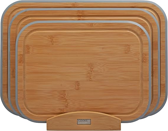 Cooks Professional 3 Piece Bamboo Chopping Board Set with Storage Stand | Durable Wooden Cutting Boards in 3 Sizes for Fruit, Vegetables, Meat, Bread | Grey Edging