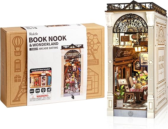 Rolife 3.5 hrs Beginner Friendly Book Nook - 3D Wooden Puzzle with LED Lights and Dust Cover - DIY Miniature House Kit Bookshelf Insert Decor - Arcade Dating (TGB10)