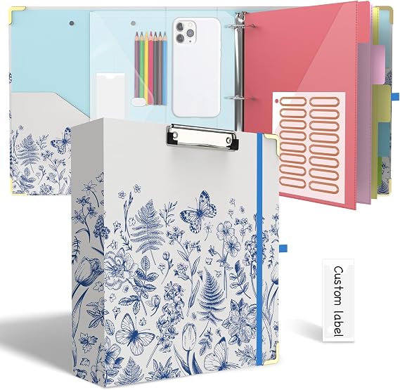 3 Ring Binder 2 Inch for Letter Size 8.5" x 11" Paper, Clipboard Binder with 5 Tabbed Dividers with Pockets, Plastic Folder and 40 Divider Stickers, School and Office Supplies, Vintage Blue Butterfly
