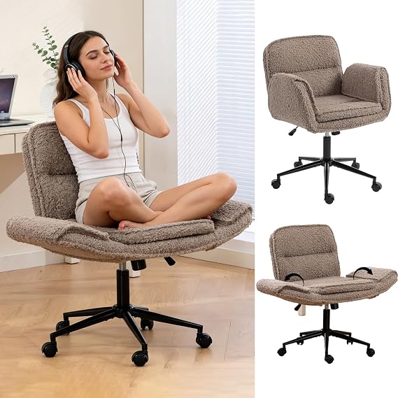 Teddy Criss Cross Chair with Arm Rest, Brown Crisscross Chair with Wheels, Swivel Desk Chairs Criss Cross with Thickened Backrest, Desk Chairs with Pet Seat, Office, Bedroom & Living Room