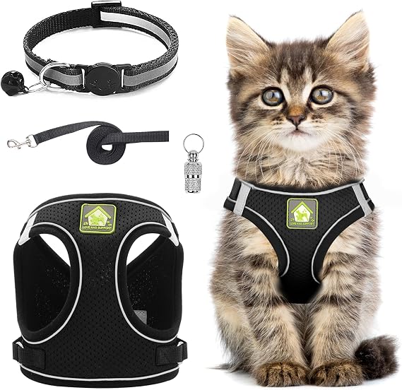 Cat Harness and Lead Set,Adjustable Reflective Stripe Cat Kitten Walking Vest with Leash Cats Collar,Escape Proof Soft Mesh Vest Harness and Lead for Small Medium Cats Pets Walking