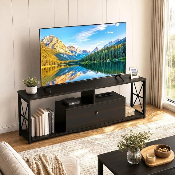 Manora Industrial TV Stand with Storage for 55 60 Inch TV, Wooden Media Console Entertainment Center for Living Room or Bedroom, Modern TV Stand Table with Open Shelves, Dark Brown
