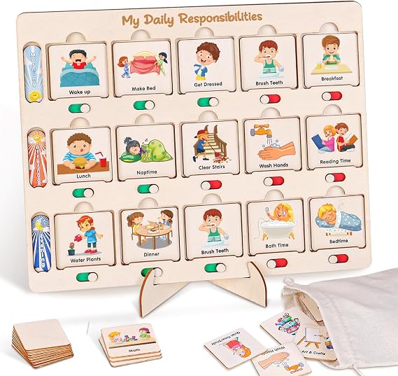 ABCxGOOD Wooden Visual Schedule for Kids Chore Chart, Morning Bedtime Daily Routine Chart for Toddlers, Autism Learning Materials for Homeschool Classroom,76 Wooden Cards.