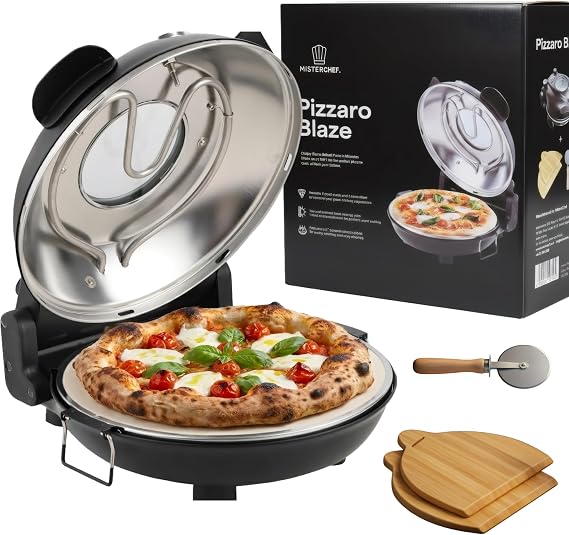 MisterChef Electric Pizza Oven – 12-Inch Ceramic Stone – Viewing Window – 900°F (450°C) High-Heat Countertop Pizza Maker – For Crispy Crusts, Flatbreads, Quesadillas & More – Black