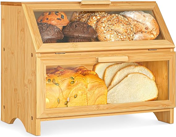 Double Layer Bamboo Bread Bin for Kitchen Countertop - Wooden Bread Box