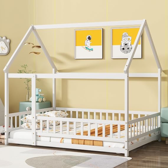 Full Size Bed with Fence and Door, White