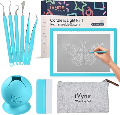 iVyne Complete Set Rechargeable A4 Light Pad, Weeding Tools for Vinyl, Weeding Scrap Collector for Cricut and Silhouette Machines for Weeding, Tracing, Drawing Projects - Blue