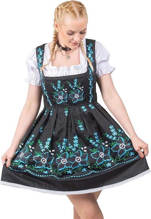Women's Traditional German Dirndl Dress 3-Piece Short Black Bavarian Outfit