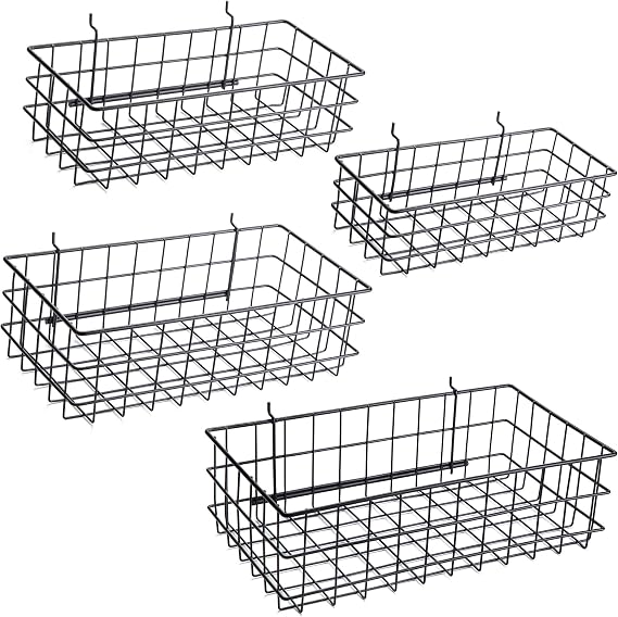 Pegboard Baskets, Set of 4 Black - Hooks to Any Peg Board - Pegboard Accessories, Square Style Wire Shelf Baskets - Organize Tools, Workbench, Garage Storage - Wall Organizer Attachments