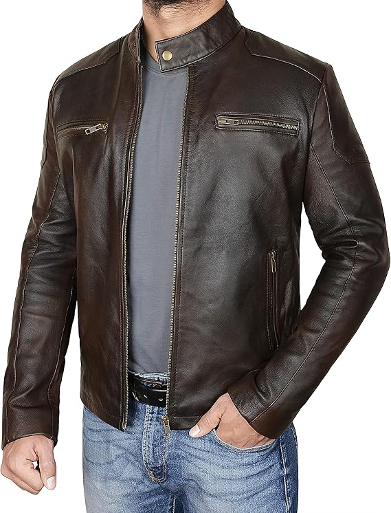 SKY-SELLER Cafe Racer Brown Leather Jacket Men - Brown Real Lambskin Leather Biker Jacket