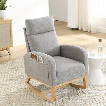 JEEOHEY Rocking Chair Nursery,Teddy Fabric Upholstered Baby Glider Rocker Chair,Comfy Accent Arm Chair with Side Pockets&Solid Wood Legs,Modern Nursing Single Sofa Chair for Living Room,BedroomGrey