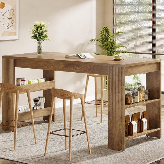 Tribesigns 63" Bar Table, Farmhouse Counter Height Pub Table with Storage | High Top Bar Unit, Counter Height Dining Table with Shelves, Kitchen Counter Table for Dining Room, Easy Assembly, Wood Color