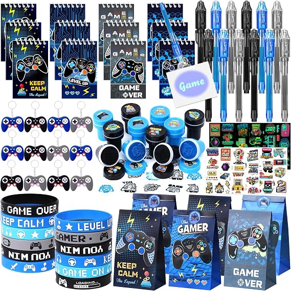 84Pcs Gaming Party Bag Fillers for Kids Video Game Party Favours Invisible Ink Pen Notebook Silicone Bracelet Keychain Stamp Luminous Stickers Gift Bags Gamer Birthday Party Bags Fillers for Kids Boys