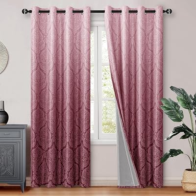 DWCN 100% Blackout Curtains for Bedroom 84 Inch Long-Damask Patterned Ombre Thermal Insulated Energy Saving Grommet Drapes for Living Room, Gradient Window Curtain 2 Panels, 52 x 84 Length, Wine Red