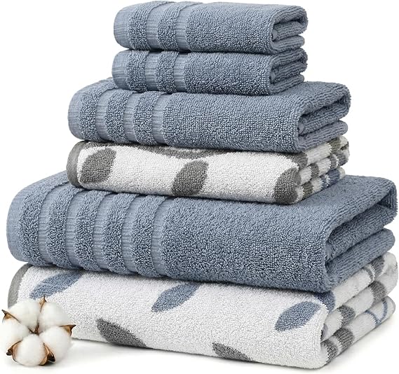 Modern Threads 6 Piece Bath Towel Set Bathroom Set with 2 Bath Towels, 2 Hand Towels, and 2 Wash Cloths 100% Cotton, Super Absorbent & Extra Soft Reversible Natural Vine (Blue)