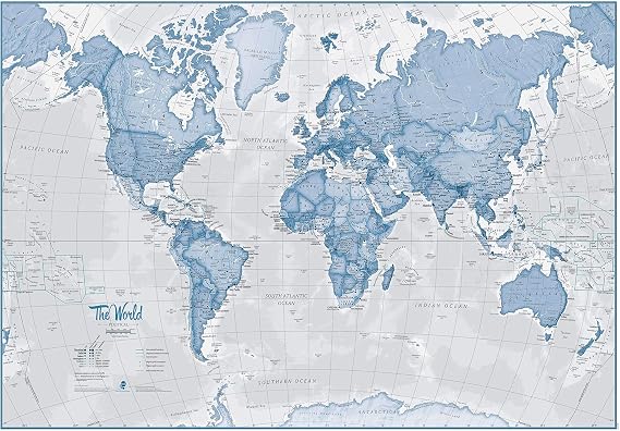 World Large Blue Wall Map Paper 36 x 48 in