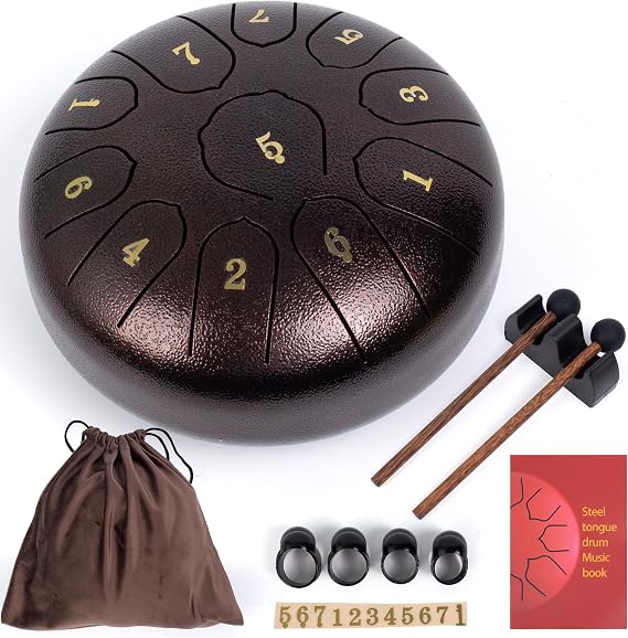 Rain Drum for Outside, 6 Inches 11 Notes Steel Tongue Drum | C Major Steel-Drum Instrument for Yoga, Meditation, Music Education, Gift, Bronze