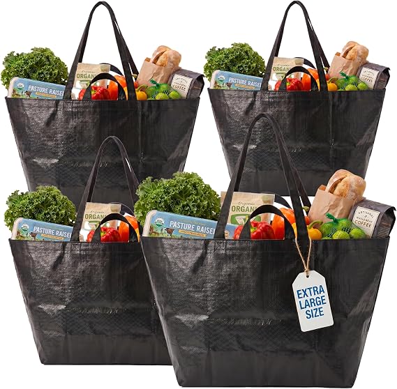 DURASACK Haul-It-All Extra-Large Reusable Shopping Bag, Black, Pack of 4 | Heavy Duty Open-Top Tote with Handles, 18-Gallon Capacity