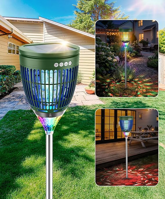 Solar Bug Zapper Outdoor Waterproof with Flame Effect Light, 10 Starry Ambient Light with Breathing Effect Height Adjustable with Ground Stake for Patio, Garden, Yard & Pathway (Green)