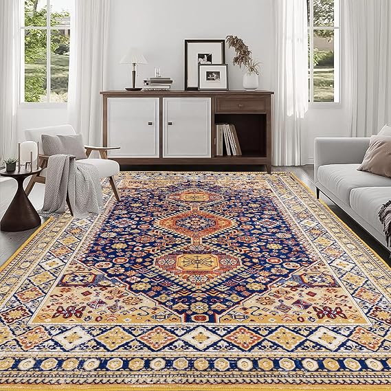 Boho Area Rug Machine Washable Non-Slip Vintage Distressed Rug for Living Room Bedroom, Low Pile Soft Pet-Friendly Washable Carpets (6x9ft, M)