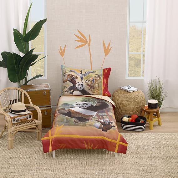 DreamWorks Kung Fu Panda Dragon Warrior Red and Gold Po and Friends 4 Piece Toddler Bed Set - Comforter, Fitted Bottom Sheet, Flat Top Sheet, and Reversible Pillowcase