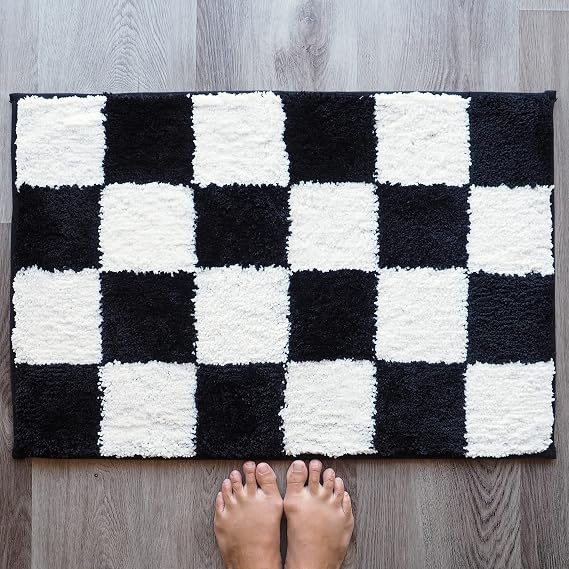 Evovee Black and White Checkered Rug Bath Mat Checkerboard Bathroom Rug Checker Cute Bath Mat Funny Shower Rugs Funky Fun Preppy Cool Apartment College Novelty Retro