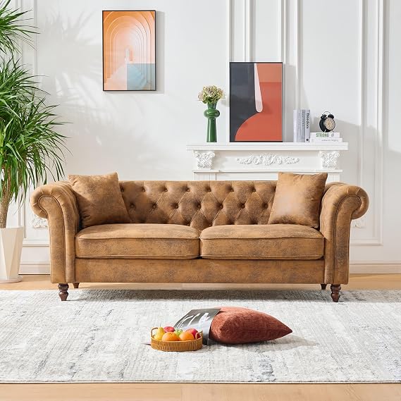 roomfitters 80" Classic Chesterfield Upholstered Sofa with Scrolled Arms and Button Back, Vintage Living Room Couch, Brown