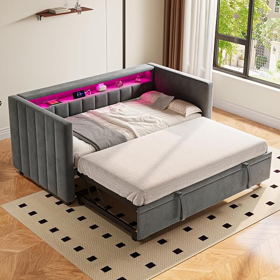 Pull-Out Bed with Storage, Multifunctional Sleeper Sofa with LED & USB-C Port, Convertible Sofa Bed Frame for Bedroom and Living Room, 90x190 cm, Velvet, Grey (No Mattress)