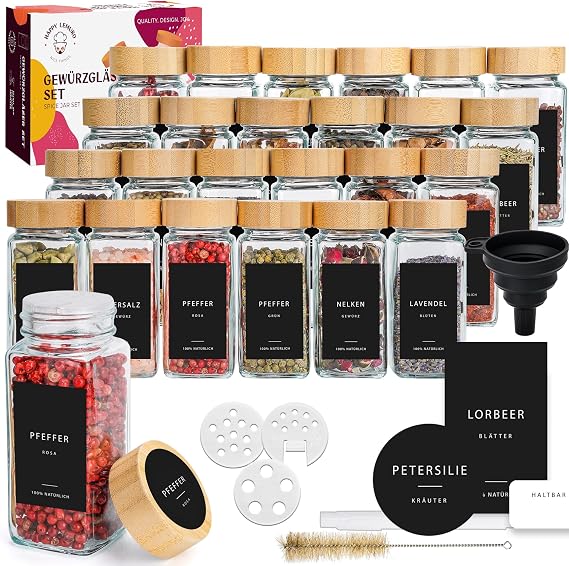 Spice Jars with Shaker Insert [24 x 120 ml] 303 Labels in German Spice Containers with Bamboo Lids Square Spice Jars Set of 24 Organiser Spice Storage Spice Jars