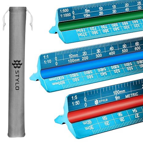 Stylo Architectural Scale Ruler, 12 Inch Aluminum, Light Blue Metric