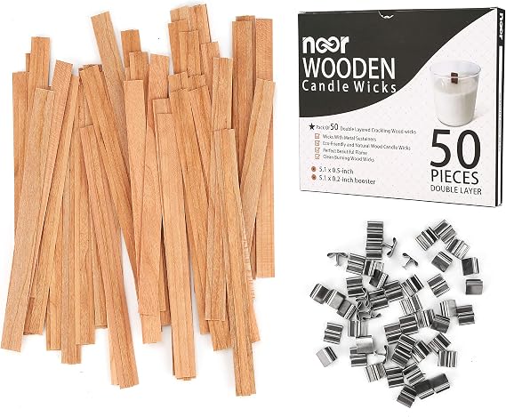 NOOR 50 Wooden Wicks for Candle Making - Double Layer Crackling Wood Wicks with Metal Clips - Smokeless, Eco-Friendly, Ideal for Soy Wax & DIY Candle Projects