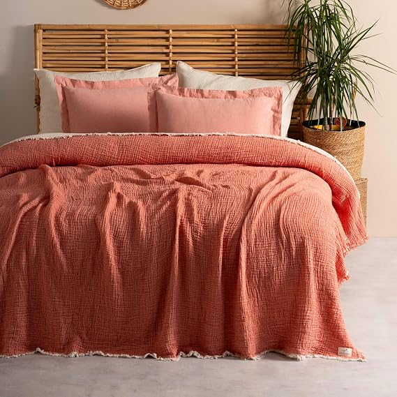 Müslin Pike Çift Kişilik, 100% Pamuk 4 Katlı Kaliteli Müslin Yatak Örtüsü, Dekoratif Şık Yumuşak Hafif Yazlık Pike (Kiremit, Çift Kişilik 220x240 cm)