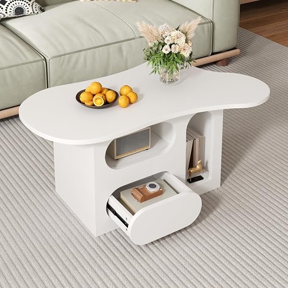 Merax Coffee Table 97 x 45 x 43.5 cm Cloud-shaped Table Top with Curved Drawers and Open Shelves for Living Room White