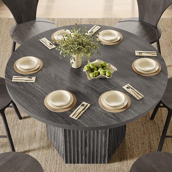 SICOTAS Round Dining Table for 4 6 People 47" Fluted Kitchen Dinner Table Modern Wooden Circle Dining Room Table with Sturdy Base for Dining Room Kitchen Living Room, Dark Grey Alder