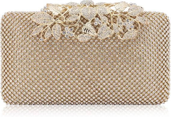 Womens Evening Bag with Flower Closure Rhinestone Crystal Clutch Purse for Wedding Party Gold
