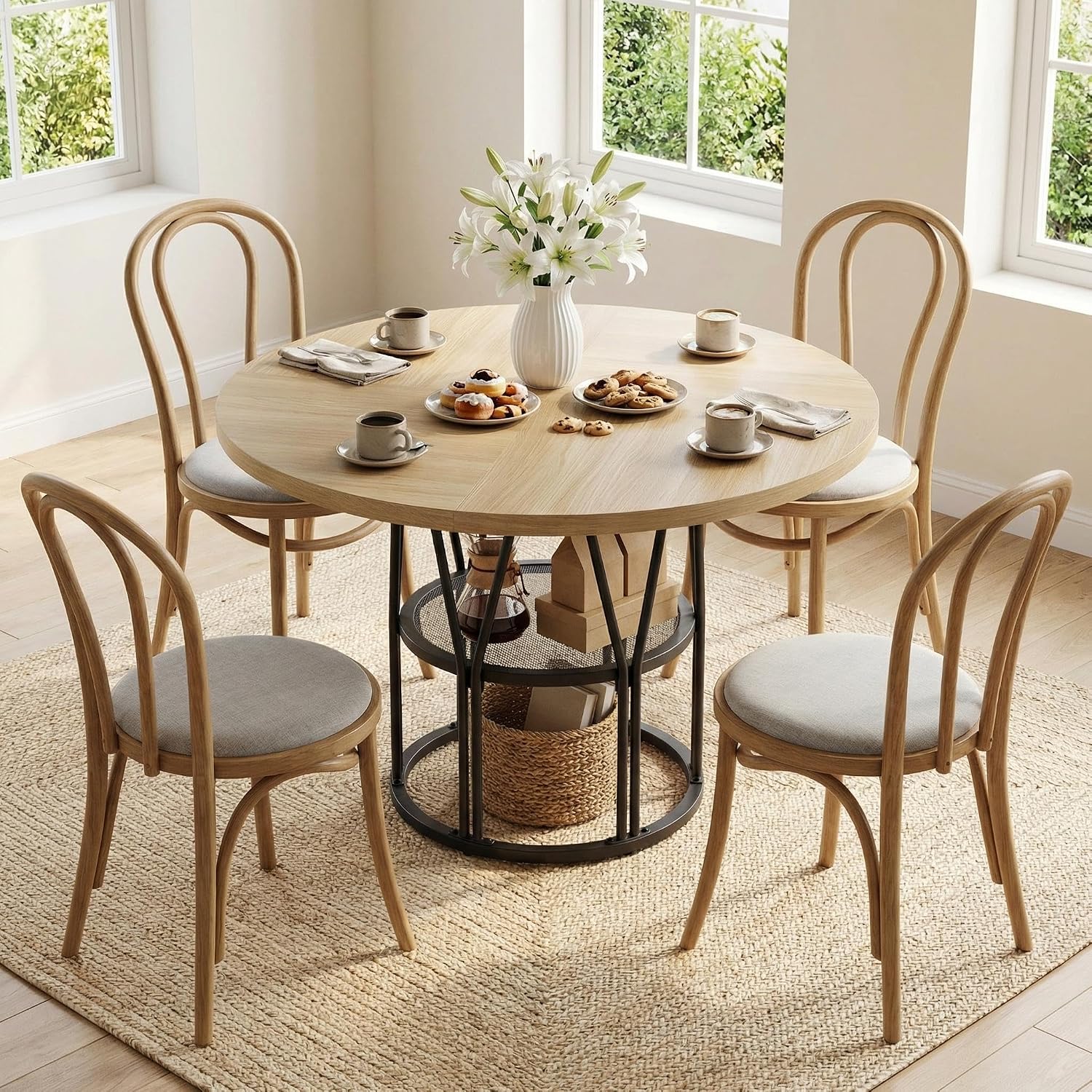 47'' Round Dining Table for 4-6, Wooden Kitchen Table with Storage Shelf & Metal Base, Modern Dinner Table, Breakfast Table for Living Room,No Chair, Oak