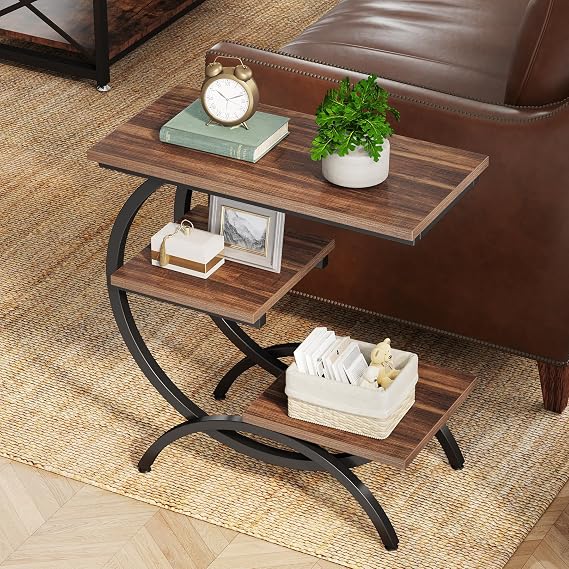 Tribesigns C-Shaped End Table, 3-Tier Industrial Sofa Side Table with Curved Metal Frame for Living Room, Bedroom, Couch, Small Space, Rustic Brown