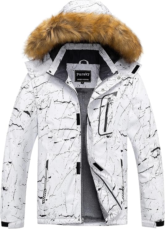 Pursky Men's Waterproof Ski Jacket Winter Snow Coats Fur Hooded Raincoats Parka