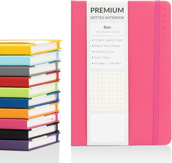 evelay Bullet Journal A5 Dotted Notebook with Faux Leather Hardback Cover and Premium 120gsm Thick Dot Grid Paper (128 Cream Pages, Cerise)