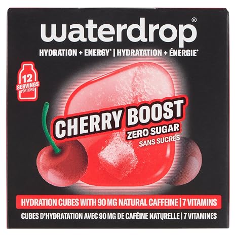 Waterdrop Microenergy Cherry Energy Drink Powder 12 Cubes Drink Powder Cherry Flavour Sugar-free & Low Calorie with 90 mg Natural Caffeine Vitamin C & B - Flavour Drops