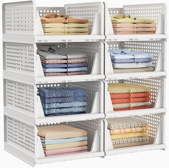 HOMIDEC Wardrobe Storage Organiser, 8 Pack Stackable Storage Baskets Boxes | Folding Storage Drawers, Plastic Cupboard Organiser, Shleves for Clothes Bedroom Wardrobe Closet, White