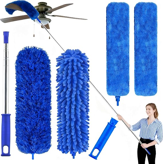 Professional Microfiber Feather Dusters for Cleaning, 6PCS Extendable Bendable Dusters with 100" Telescopic Pole, Washable & Reusable Cleaning Kit for Ceiling Fans, Blinds, Hard-to-Reach Areas (Blue)